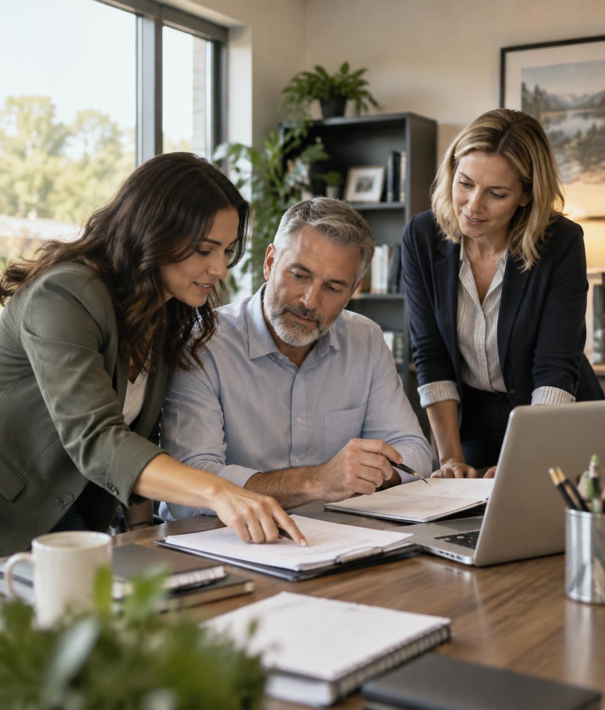 Three colleagues at the People 1st office reviewing a client file together